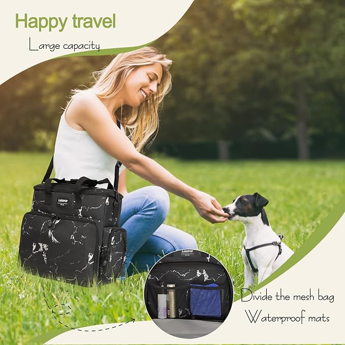 Dog Travel Bag,Weekend Pet Travel bag Set for Dog and Cat,Airline Approved Tote Multi-Function Dog Bags for Traveling,Include 2 Collapsible Bowls,2 Food Storage Containers,1 Feeding Mat,Marble