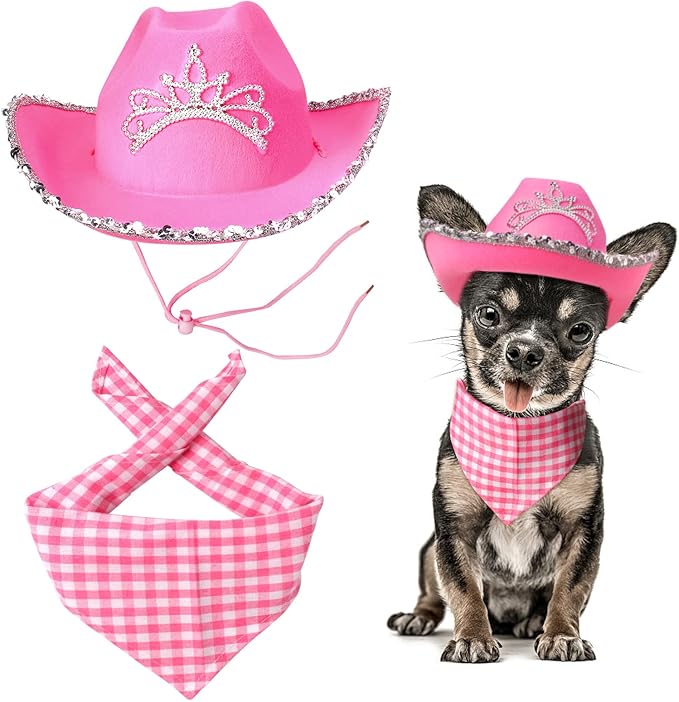 Yewong Pet Pink Cowboy Hat Costume Accessory Set Dog Cat Size Pink Cowgirl Princess Hat with Crown Tiara Bandana/Scarf for Cat Puppy Western Costume Daily Wearing Photo Props (Set B)