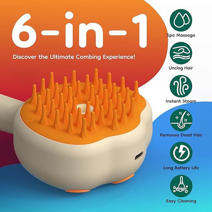 Steam Cat Brush, 6-in-1 Dog Brush Spritz Defur Comb with Pet Waterless Shampoo, Steamy Skin Friendly Deshedding Grooming Tool, Suitable for Shedding & Haired Pets, Pet Supplies Accessories, Yellow