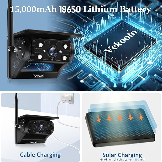 VEKOOTO Magnetic Solar Wireless Backup Camera VK7, 7'' IPS Touchscreen Monitor HD1080P No Wiring 15,000mAh Rechargeable Camera System for Hitching Gooseneck Horse Trailer RV Camper Car Truck