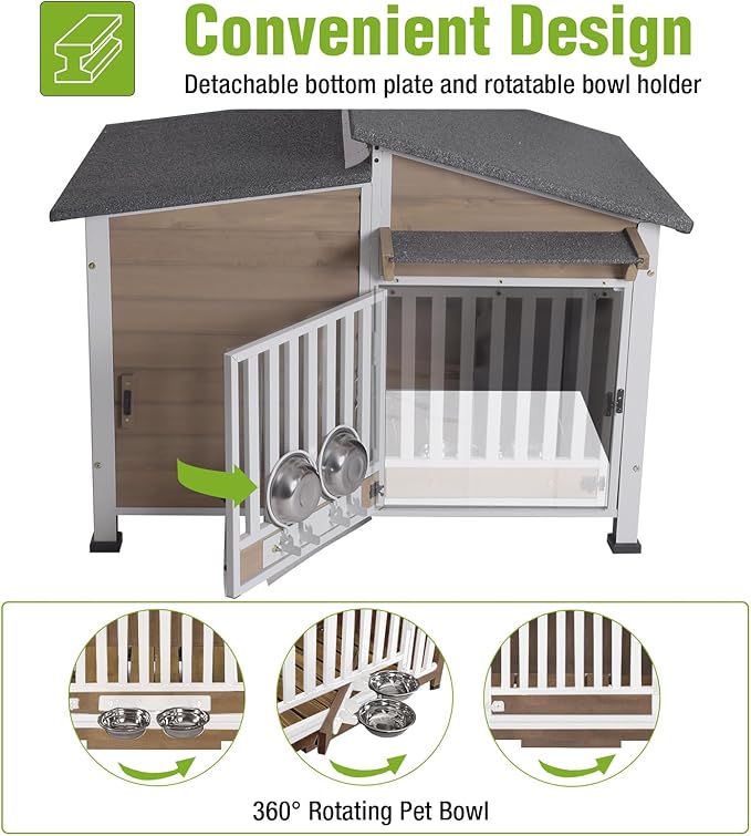 GUTINNEEN Dog House Outdoor Dog Kennel with Chew-Proof Metal Frame, Rotating Food Bowl, PVC Door Curtain, Weatherproof for Small Medium Dogs, 39.7" L x 25.5" D x 32.2" H (Light Brown)
