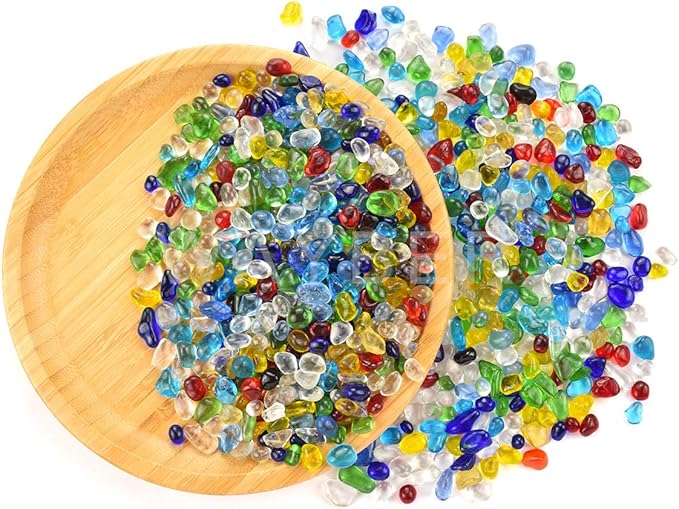 Rainbow Glass Stones, 1Lb/460g Irregular Sea Glass Pebbles Non-Toxic Artificial Crystal Stones for Handmade Artwork/Vase Filler/Terrarium Flowerpot Aquarium Turtle Tank Decoration, Multicolored