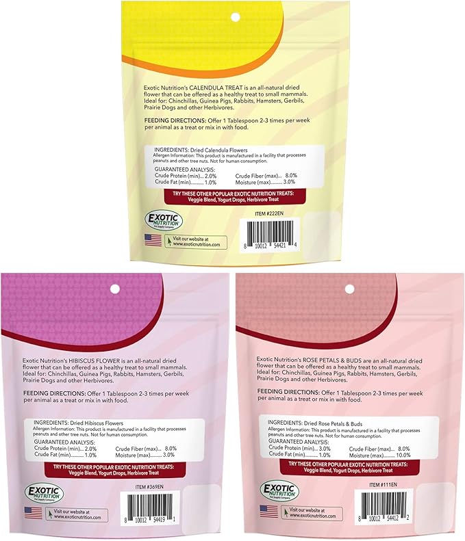 Exotic Nutrition Flower Treat 3 Pack - Healthy Assortment - Hibiscus, Calendula, Rose - for Squirrels, Guinea Pigs, Rabbits, Chinchillas, Prairie Dogs, Degus, Hamster, Gerbils, & Other Herbivores