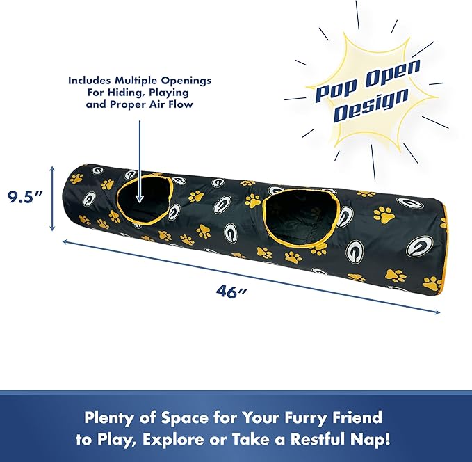NFL Green Bay Packers Cat Tunnel Tube Toy with Plush Football Catnip and Feathers Collapsible Tunnel for Cats to Play, Peek and Hide, Sporty & Fun Cat Tunnel Toy with Team Logo All-Over Design!