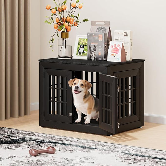 32" Heavy Duty Dog Crate Furniture for Small,Medium and Large Dogs,Rustic Wooden Dog Cage Kennel Indoor Furniture with Waterproof Top,Decorative Pet House Side End Table (Black)