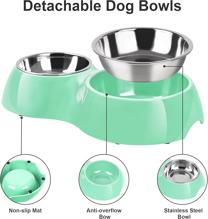 Elevated Dog Bowls Set - Non-Slip Raised Pet Feeder with Medium (2 Cups) & Large (4 Cups) Stainless Steel Bowls - Includes Durable Resin Stand for Puppies, Adult Dogs & Cats - Green