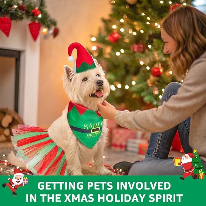 SCENEREAL Christmas Dog Bandana Dress with Hat Set, Pet Santa Costume for Small Medium Sized Dogs, Cute Tutu Skirt Outfit for Party Halloween
