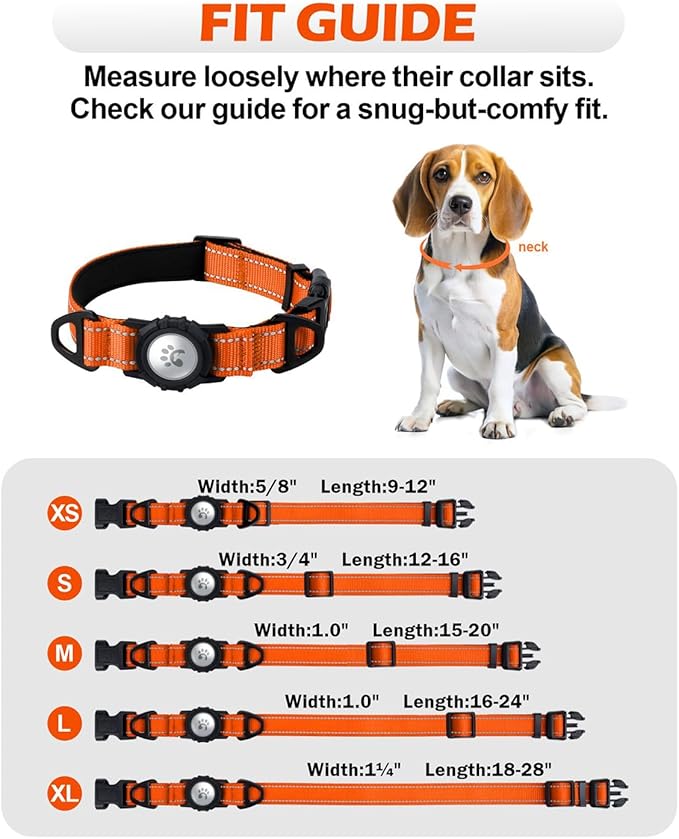 TagME Airtag Dog Collar,Waterproof Reflective Pet Collar with Airtag Holder,Soft Padded and Double D-Rings for Small Dogs,Orange