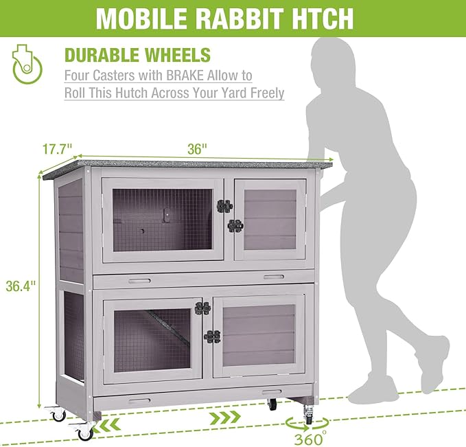 Rabbit Hutch Bunny Cage, Guinea Pig Cage Bunny Hutch Indoor, Wood Pet Cage with 4 Casters -2 Story & 2 Trays