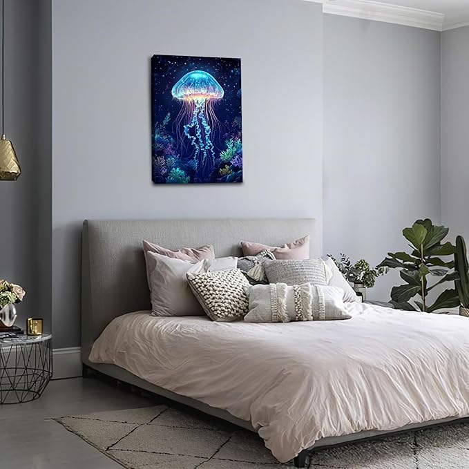 Ocean Jellyfish Wall Art Canvas Coral Fish Wall Decor Prints Framed Painting Underwater Pictures Gifts Artwork for Bathroom Living Dining 16"x24"