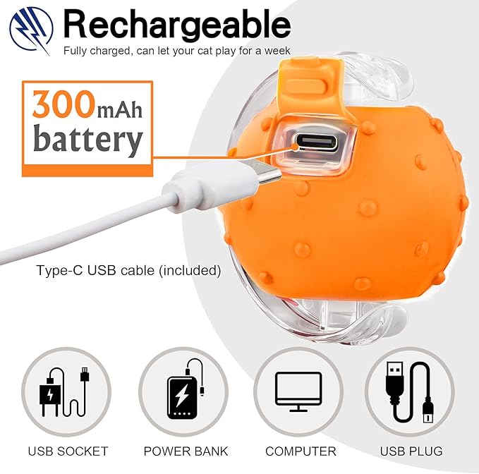 Interactive Cat Toys Ball for Indoor Cats, Automatic Agile Rolling Cat Ball with Elastic Mesh Tail, Bird Chirping & Motion Activated, 2 Tail Accessories, Kitten Toy for Bored (Orange)