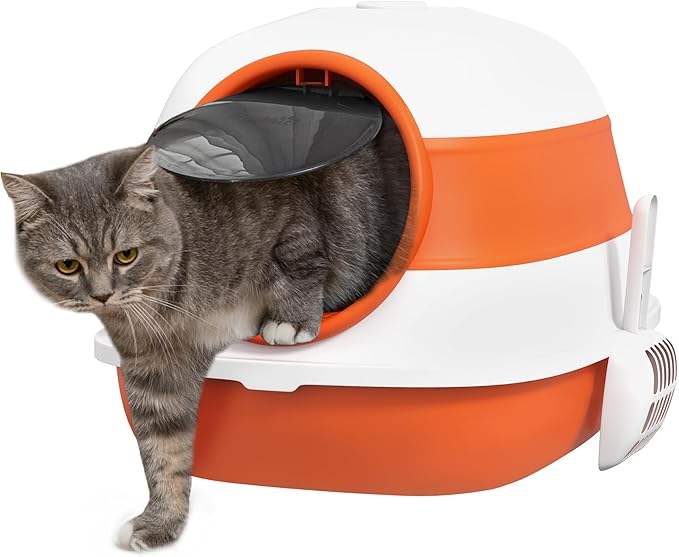 PawHut Cat Litter Box with Lid, Covered Litter Box w/High Sides, Air Freshener, Large Two-Way Entrance Kitty Toilet, Foldable, Easy Clean, Orange