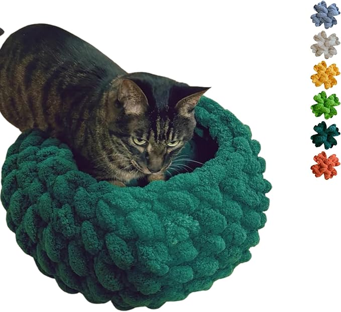 Cat Nest Bed – Premium Handwoven Washable Extra Soft Round Cave House for Indoor Kitten & Kitty, Small & Large (DGreen,Large)