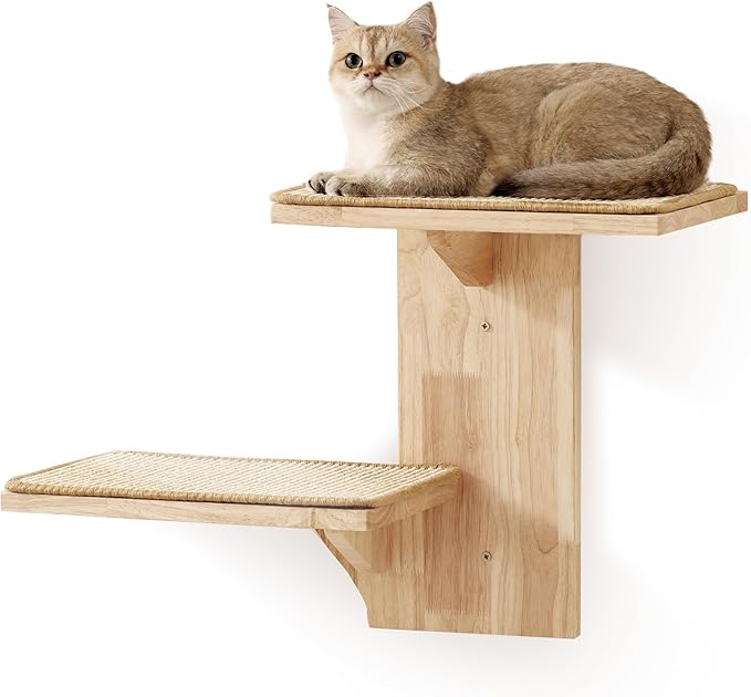 FUKUMARU Cat Wall Shelves, 2 Platform Kitten Wall Furniture, Tree Shape Wall-Mounted Floating Shelf with Sisal Mat, Solid Rubber Wood Cats Perch for 16 Inch Drywall, Suitable for Climb, Play, Nap