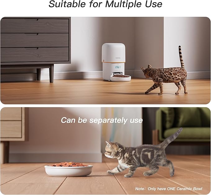 Automatic Cat Feeder - 2L Cat Food Dispenser, Timed Auto Pet Feeder with 180-day Battery Life, 1-6 Meals Per Day, 1-16 Portion, Ceramic Bowl, Desiccant Bag Keeps Dry Food Fresh, Also for Small Dogs