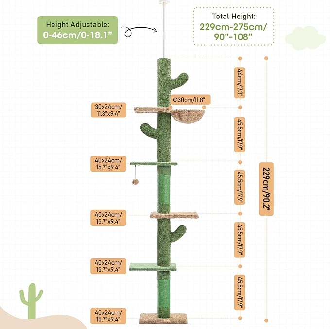 PAWZ Road Cat Tree, Cactus Floor to Ceiling Cat Tower with Adjustable Height(95-108 Inches), 5 Level Cat Climbing Tower with Cozy Hammock, Platforms and Dangling Balls for Indoor Cats
