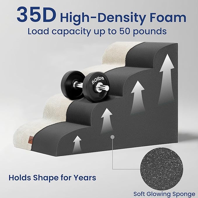GoGoBunny Waterproof High Density Foam Curved Dog Stairs for High Beds Couches 19.7" H, 4-Step Ramp Dog Steps Friendly to Small Medium Dogs or Pets Joints, Non-Slip Balanced Durable Pet Step, Beige