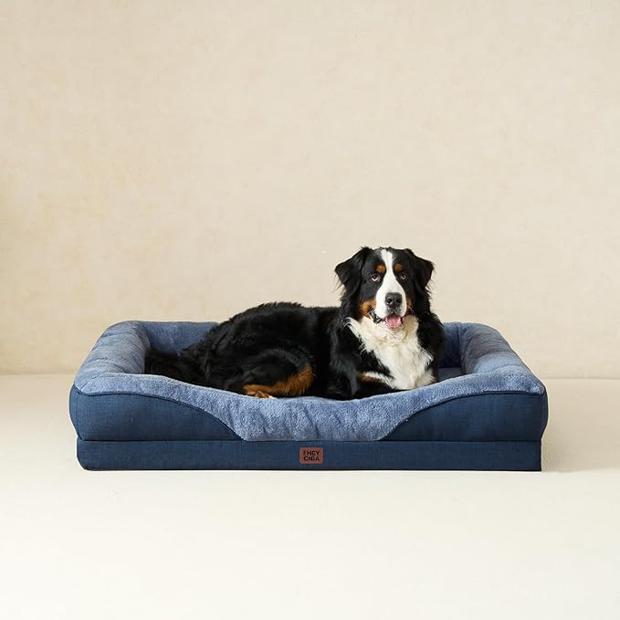 EHEYCIGA Memory Foam Dog Bed for Medium Size, Orthopedic Dog Sofa with Sides and Waterproof Liner, Washable Bolster Pet Couch with Removable Cover, 30x20x6.5 Inch, Navy