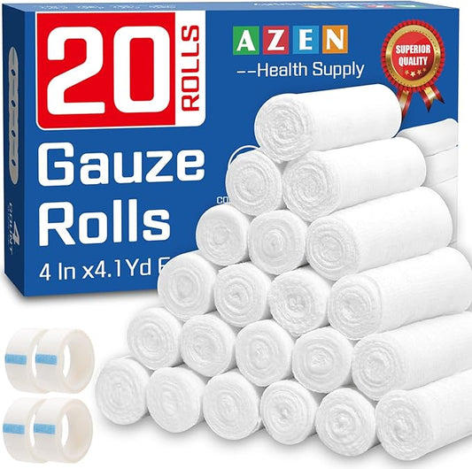 AZEN 20 Pack Gauze Rolls Bandages, 4 in x 4.1 Yards, Premium Medical Supplies & First Aid Supplies, Bandage Wrap Vet Wrap, Mummy Wraps
