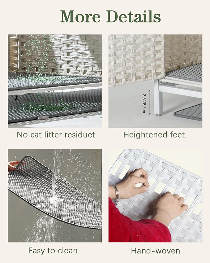 Cat Litter Box Enclosure Furniture with Divider, Handwoven Rattan Litter Box with Mat, 31.2 x 19.6 x 24.2 Inches, Metal Heightened Feet, Hidden Cat House for Living Room, Bedroom (White)