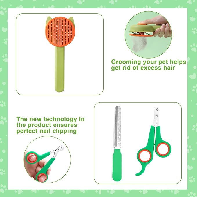 VCZONE 8 Pcs Cat Brush Grooming Kits, Pet Self Cleaning Kit with Pet Nail Clipper and File, Flea Comb, Pet Shampoo Bath Brush, Pet Shedding Brush, Silicone Toothbrush (Green)