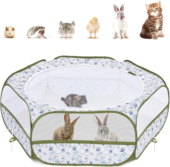 Pawaboo Small Animals Playpen, Waterproof Small Pet Cage Tent with Zippered Cover, Portable Outdoor Yard Fence with 3 Metal Rod for Chick/Kitten/Puppy/Guinea Pig/Rabbits/Hamster, Blue + White Flower