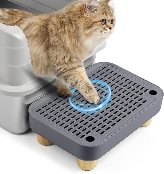 Cat Litter Box Step Ramp, Cat Litter Catcher Mat with Wooden Feet, Filter Function, Cat Pedal Stool for Self-Cleaning Cat Litter Box, Ideal for Kitten & Elderly Cats (Dark Grey)