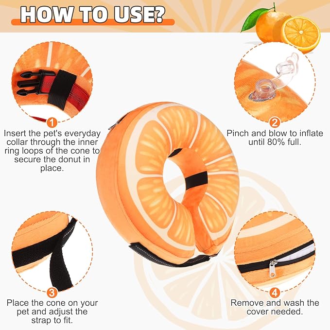 KOOLTAIL Inflatable Dog Cone Collar, Soft Dog Cone Alternative for Large Medium Small Dogs After Surgery, Cute Costume Adjustable Donut Neck Cone for Dogs Cats, Comfortable Recovery E Collar,Orange M