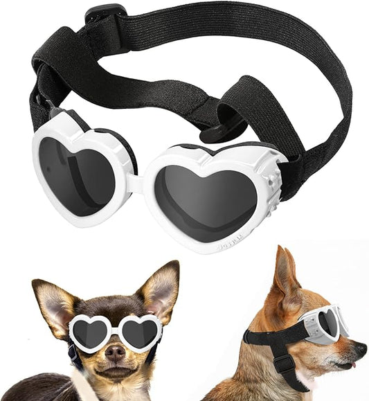 Small Dog Sunglasses UV Protection Goggles Eye Wear Protection with Adjustable Strap Doggy Heart Shape Anti-Fog Sunglasses for Pet Dogs Sun Glasses Doggie Windproof Glasses, White