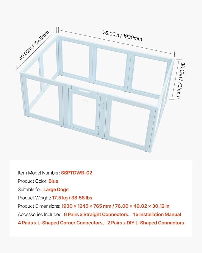 VEVOR Clear Acrylic Dog Playpen Indoor, 76x49x30 in Plastic Pet Playen for Large Sized Dogs, Easy Assemble Waterproof Puppy Playpen, Easy to Clean, Durable Indoor Pet Dogs Cats Fence Kit