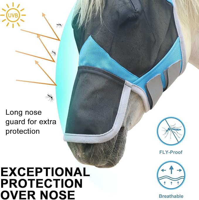 Horse Fly Mask with Ears & Long Nose Cover | Forelock Opening for Tangle-Free Mane Care | UV Protection & Breathable Mesh | No Rub Fit and Enhanced Visbility for Trail Riding Paleblue Pony