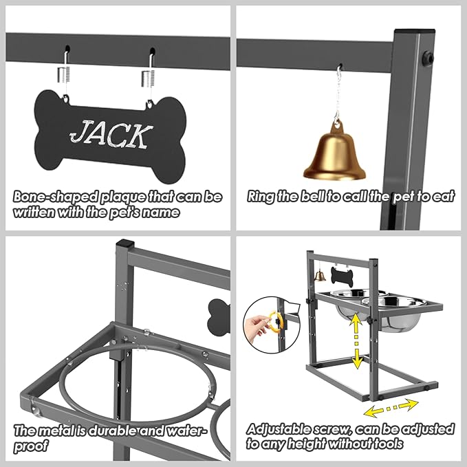 SHAINFUN Grey Raised Dog Bowl Stand with Two 1700ml Stainless Steel Food Bowl, a Slow Feeder and Silicone Pet Feeding Mat, Adjustable Dog Feeder, Elevated Dog Bowls for Large Medium and Small Dogs