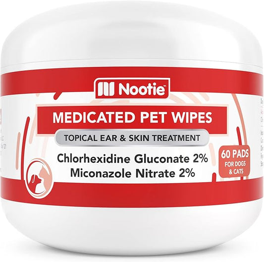 Nootie Medicated Dog Wipes - Antifungal Wipes - Antibacterial Wipes - Antimicrobial Wipes for Dogs 2% Chlorhexidine Wipes with 2% Micronazole for Best Results with Cats and Dogs Problems 60 pads - USA, White