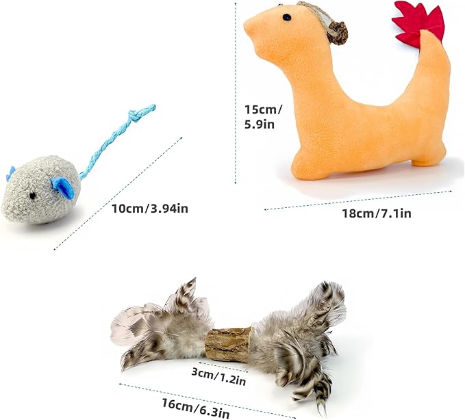 Catnip Toys 3 Pack – Plush Catnip Toy with Gall Fruit & Silvervine Stick with Feathers, Interactive Chew & Kick Toys for Indoor Cats, Relieve Stress & Encourage Exercise