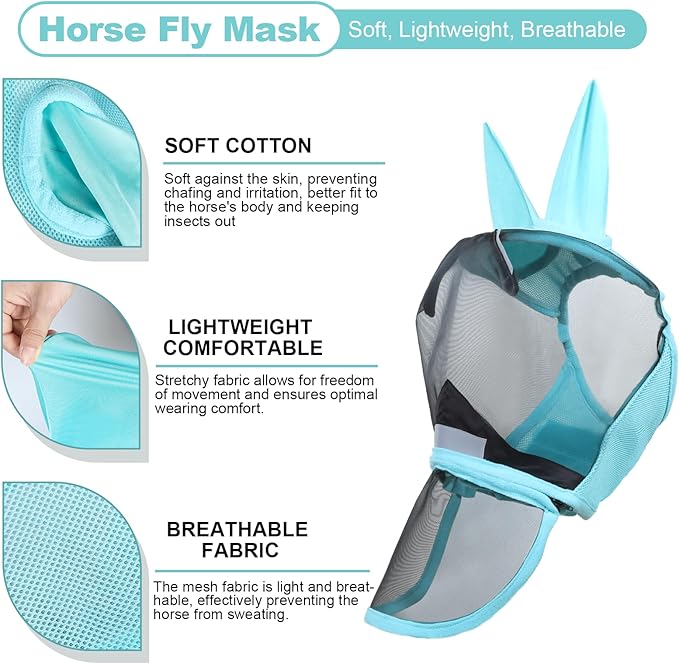 Luminous Horse Fly Mask with Long Nose, Ears, Full Face & Eye Protection - Full Mesh, Detachable Nose Cover, Fleece Padded Edging, Hook-and-Loop Straps with Webbing, Hanging Straps Mint Green