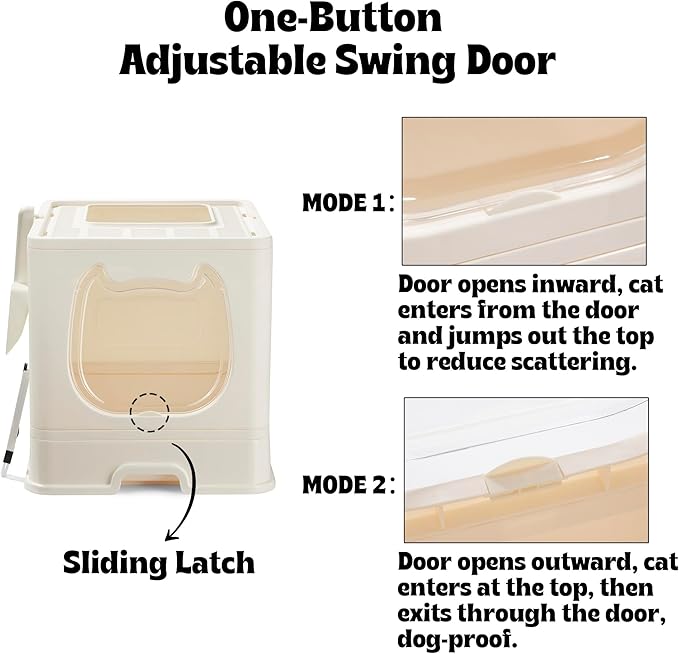 Gefryco Foldable Cat Litter Box with Lid,Covered Litter Box for Small and Medium Cats, Enclosed Cat Potty with Scoop and Brush, Top Entry Cute Kitten Litter Tray with Drawer and Top Cover(White)