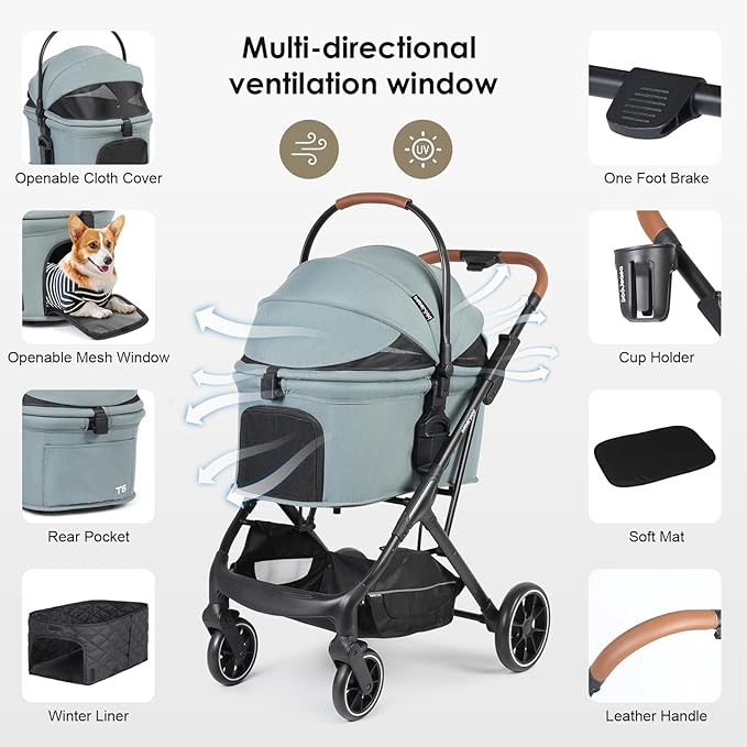 T6 Luxury Pet Stroller for Medium Dogs Up to 66lbs or 2 Small Pets – 3-in-1 Dog & Cat Stroller with Removable Carrier, Foldable & Lightweight (Green)