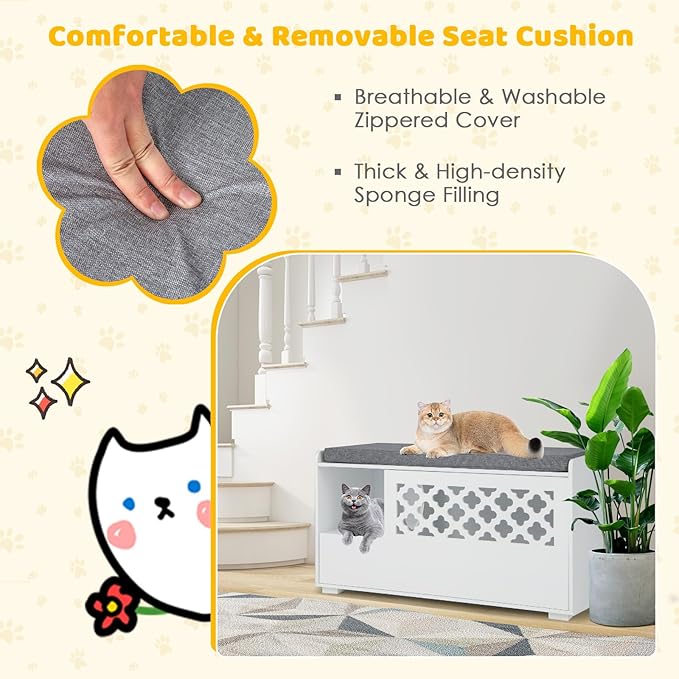 Tangkula Cat Litter Box Enclosure, Hidden Litter Box with Removable Cushion & Flip-Down Opening, Multifunctional Storage Cabinet Bench, Modern Litter Box Furniture Fits Most Litter Box (White)