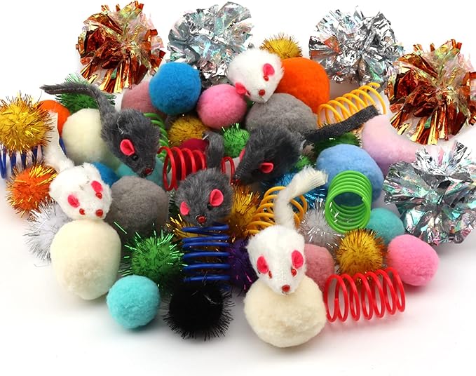 60 Pack Cat Toys - Assorted Kitten, Mouse, Crinkle & Pom Pom Balls