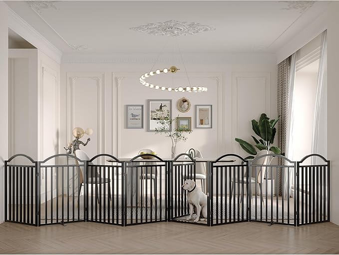 BHG Metal No-Assembly Freestanding Dog Gate with Door Walk Through, Extra Wide 96", Extra Tall 32" Pet Gate, Accordion Puppy Folding Playpen Dog Fence, with 2PCS Support (Black, 8 Panels)