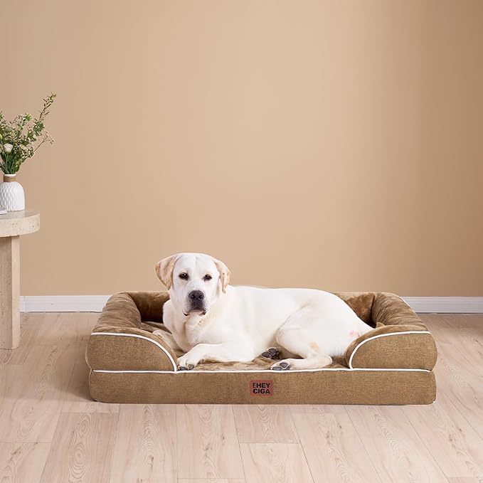EHEYCIGA Orthopedic Dog Bed for Medium Dogs, Waterproof Memory Foam Medium Dog Beds with Sides, Non-Slip Bottom and Egg-Crate Foam Pet Couch Bed with Washable Removable Cover, Camel