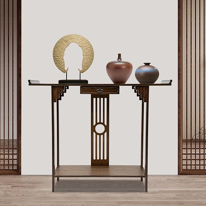 Console Table with Storage Shelves, 2 Tiers L 40.1” Narrow Sofa Table with Drawers, Bamboo Entryway Table for Small Spaces, Living Room Hallway Foyer Corridor Wood Entry Table