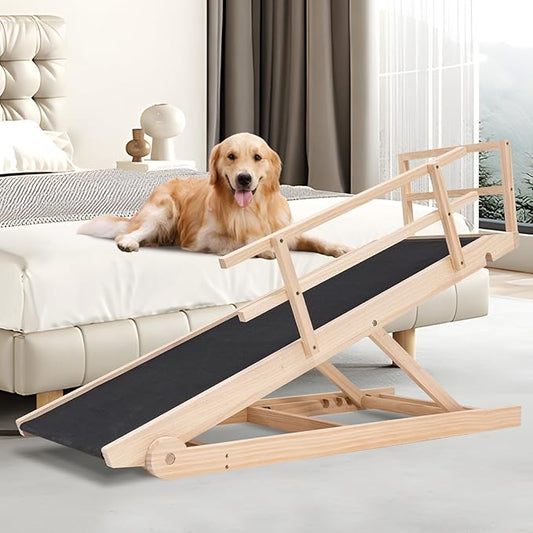 ABORON Folding Wooden Extra Long Dog Ramp, Non-Slip Rubber Mat, 63" Long for High Bed/Couch/Car, 5 Levels Adjustable Pet Ramp, 17.7'' Wide, Supports Small & Large Senior Dogs & Cats up to 200 lbs