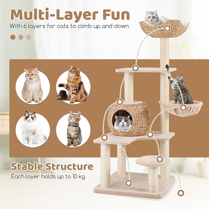 PETSITE 59 inch Cattail Cat Tree Tower, Multi-Level Cat Tower with Natural Sisal Scratching Posts, Condo, Basket, Top Perch and Jumping Platforms, Modern Tall Cat Tree for Indoor Cats
