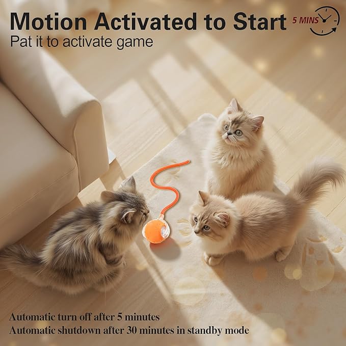 Interactive Cat Toys Ball for Indoor Cats, Automatic Agile Rolling Cat Ball with Elastic Mesh Tail, Bird Chirping & Motion Activated, 2 Tail Accessories, Kitten Toy for Bored (Orange)