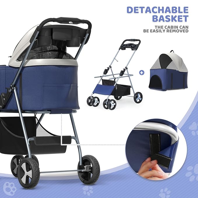 Magshion Foldable Pet Stroller, 3-in-1 Dog Travel Jogger with Detachable Carrier, Cup Holder, Storage Basket, Folding Carrier for Small/Medium Dogs & Cats Up to 33 lbs, Navy Blue