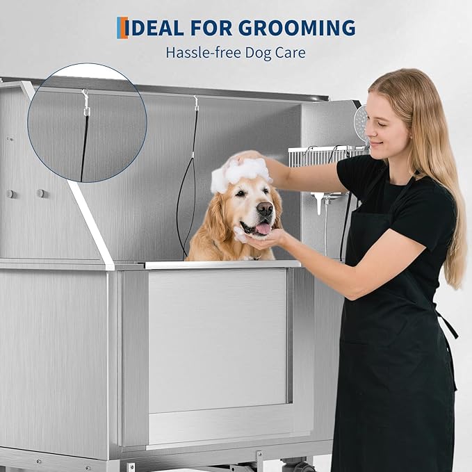 50" Stainless Steel Professional Dog Washing Station - Pet Bathing Tub w/Non-Slip Stairs | Slip-Resistant Floor Grate | for Large/Medium/Small Dogs