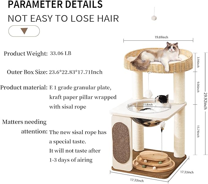 Modern Cat Tree for Indoor Cats with Sisal Rope Scratching Posts, Hand-Woven Cat Condo & Top Perch, Space Capsule Cats Nest, Cute Cat Tree with Interactive Cat Toy