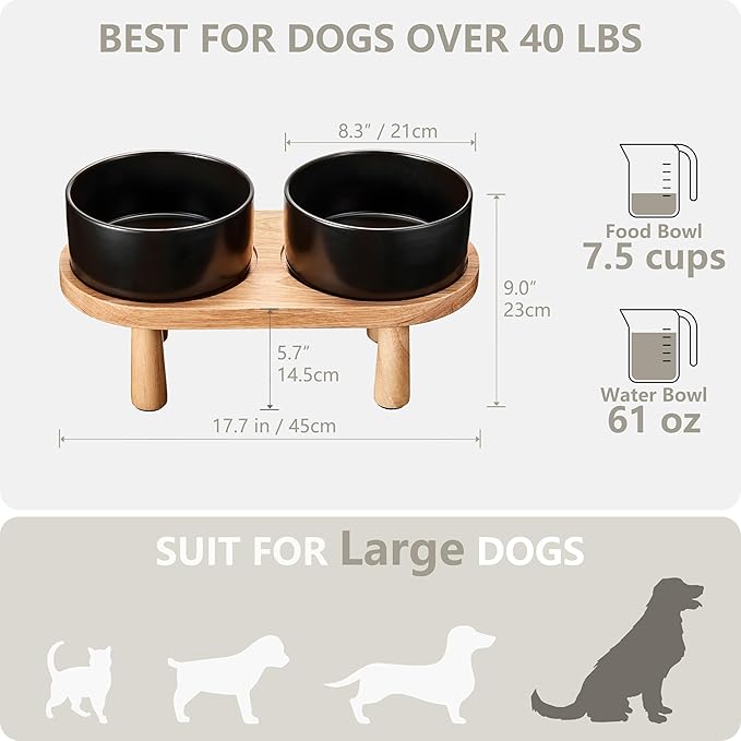 Ceramic Elevated Dog Bowls, Pet Food and Water Bowl Set for Large Dogs, 7.5 Cups Dog Bowls Raised with Wood Stand, 61OZ, Black