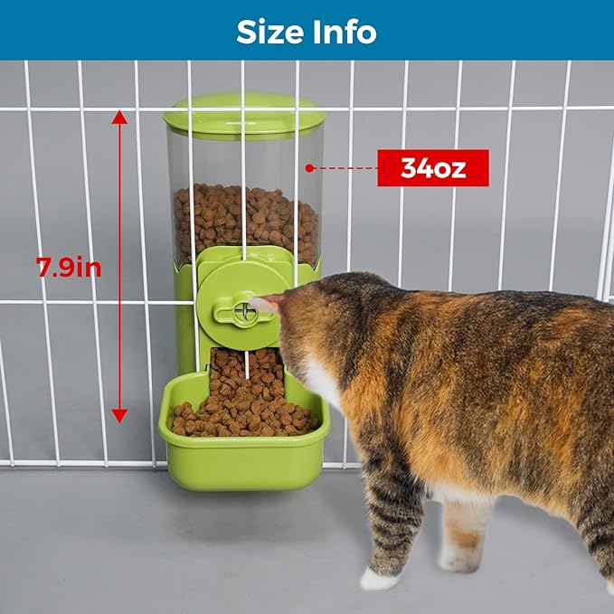 VANNON Small Animal Hanging Automatic Food Dispenser, 35oz Gravity Pet Feeder for Cage, Food Bowl for Rabbit Puppy Cat Ferret Guinea Pig Chinchilla Parrot (Green)